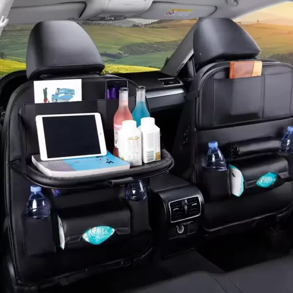 Car Seat Back Organizer with Foldable Table Tray PU Leather Storage Organizer with Pockets Kick Mats Seat Interior Accessories - Image 8
