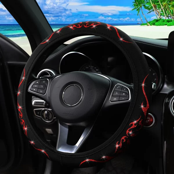 A Blingbling Flame Totem dynamic fabric car without inner ring steering wheel cover fits 14.5-15 inch automotive supplies - Image 11