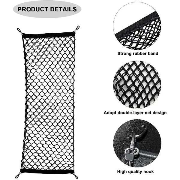 35.5 x 15.7 Inch Rear Cargo Net Adjustable Elastic Mesh Storage Organizer Large Capacity Stretchable Trunk Storage Net with - Image 3