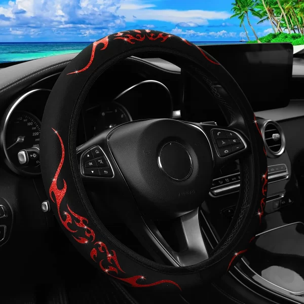 A Blingbling Flame Totem dynamic fabric car without inner ring steering wheel cover fits 14.5-15 inch automotive supplies - Image 5
