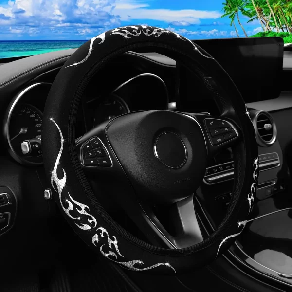 A Blingbling Flame Totem dynamic fabric car without inner ring steering wheel cover fits 14.5-15 inch automotive supplies - Image 4