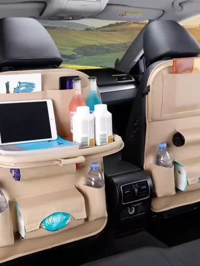 Car Seat Back Organizer with Foldable Table Tray PU Leather Storage Organizer with Pockets Kick Mats Seat Interior Accessories