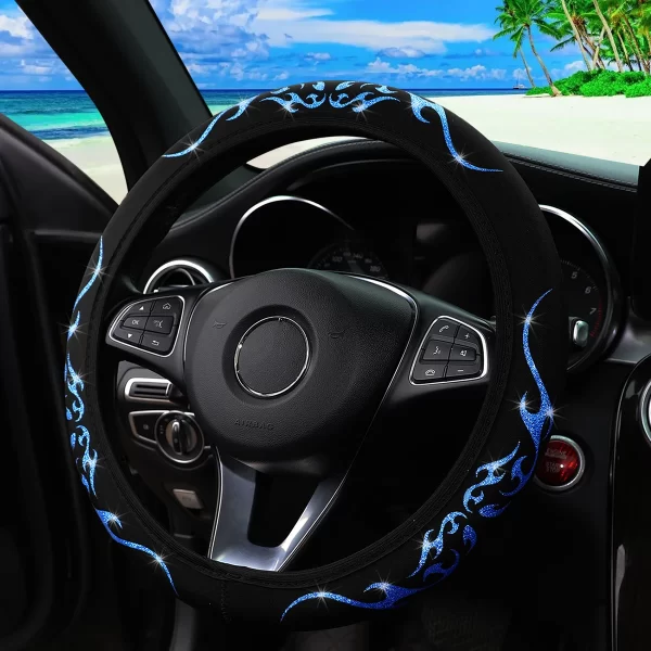 A Blingbling Flame Totem dynamic fabric car without inner ring steering wheel cover fits 14.5-15 inch automotive supplies - Image 8