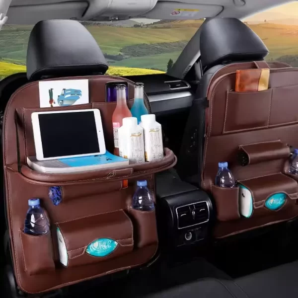 Car Seat Back Organizer with Foldable Table Tray PU Leather Storage Organizer with Pockets Kick Mats Seat Interior Accessories - Image 7
