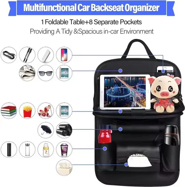 Car Seat Back Organizer with Foldable Table Tray PU Leather Storage Organizer with Pockets Kick Mats Seat Interior Accessories - Image 6