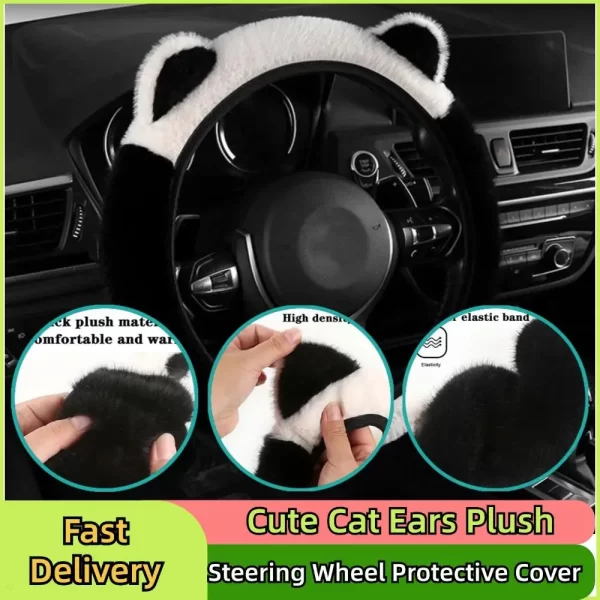 Winter Plush Car Steering Wheel Protective Cover Universal Non-slip Soft Cute Cat Ears Plush Steering Wheel Cover Dropshipping - Image 2