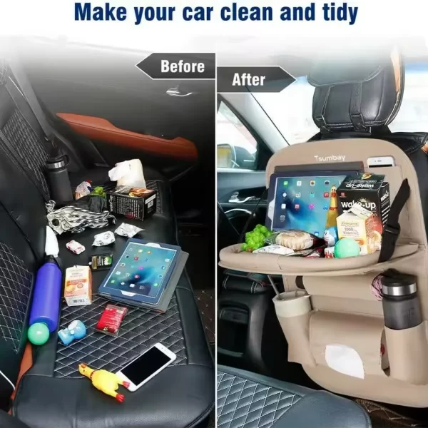 Car Seat Back Organizer with Foldable Table Tray PU Leather Storage Organizer with Pockets Kick Mats Seat Interior Accessories - Image 2