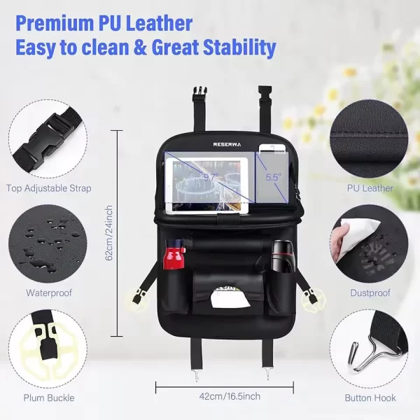 Car Seat Back Organizer with Foldable Table Tray PU Leather Storage Organizer with Pockets Kick Mats Seat Interior Accessories - Image 3