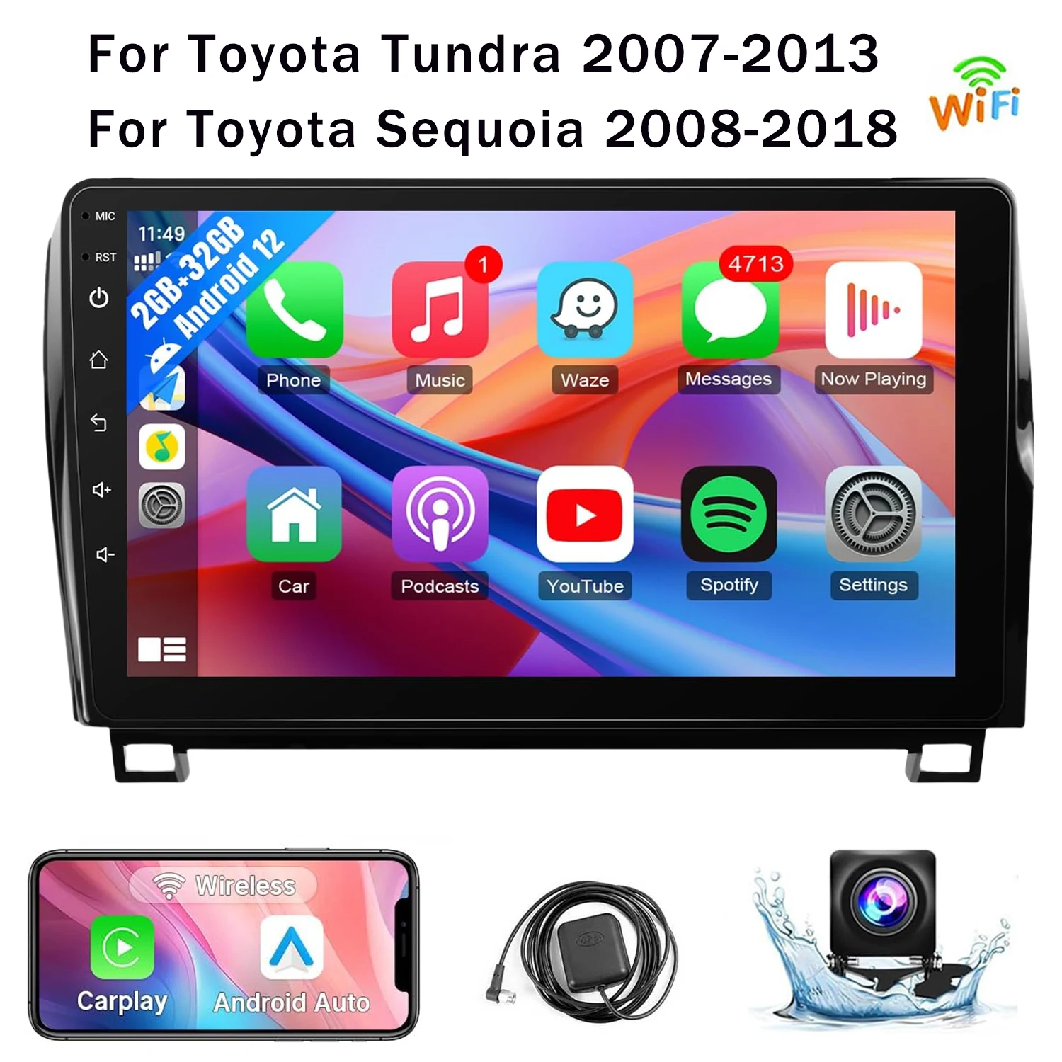 10.1" Wireless Car Stereo for Toyota Tundra 2007-2013 Toyota Sequoia 2008-2018