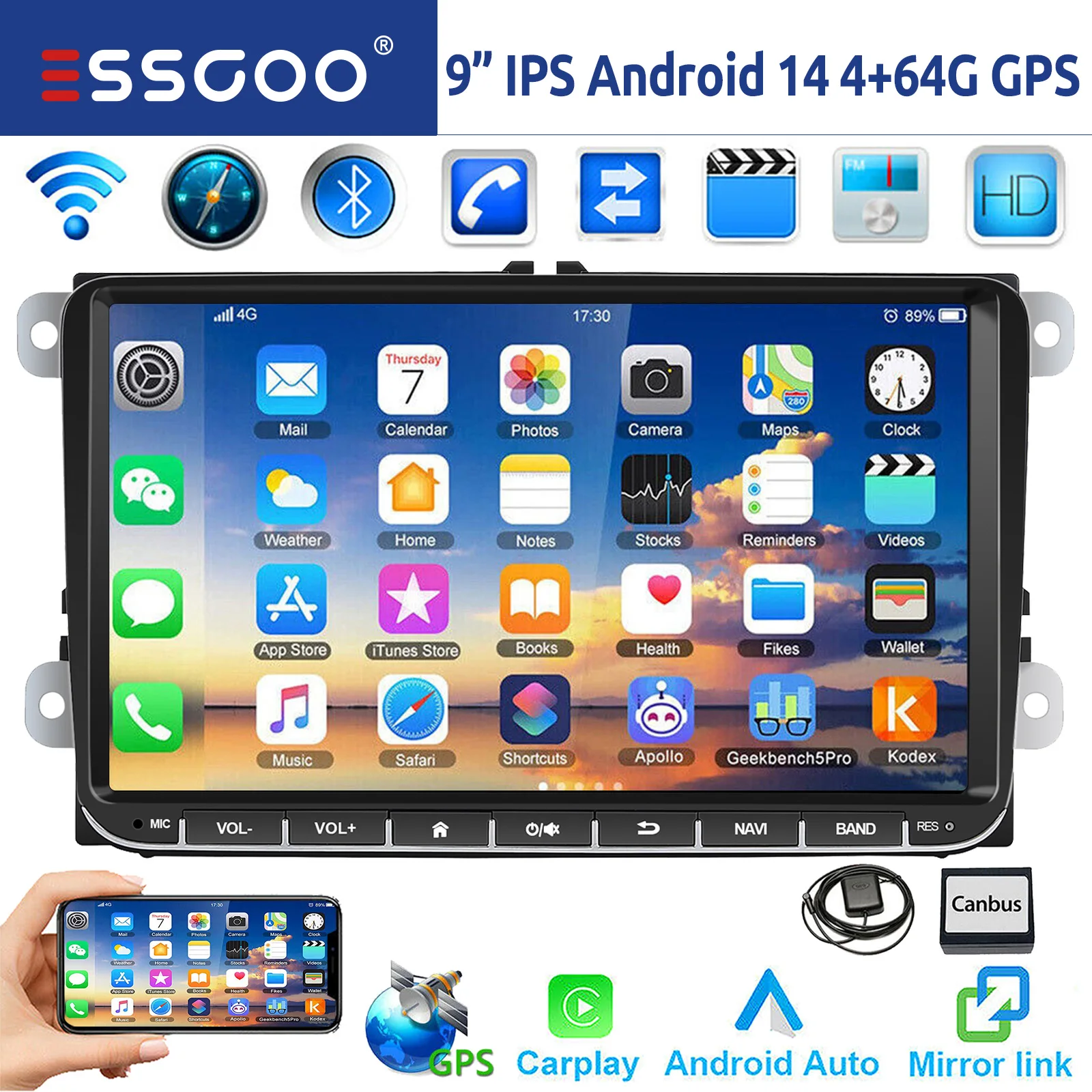 9" Android 14 4G+64G Wireless Carplay Car Stereo