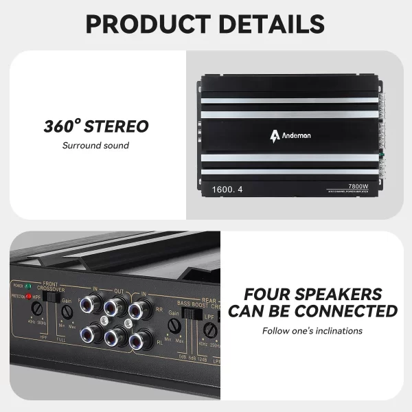 Andeman 7800W 4-Channel Car Amplifier High Power Output 12V-13.8V Efficient Cooling Design for Enhanced Audio Performance - Image 3